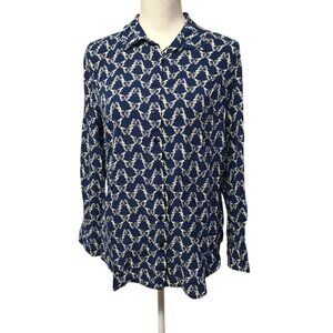 Talbots Petite Button Down Shirt Collar Blue Butterflies Womens Large LP